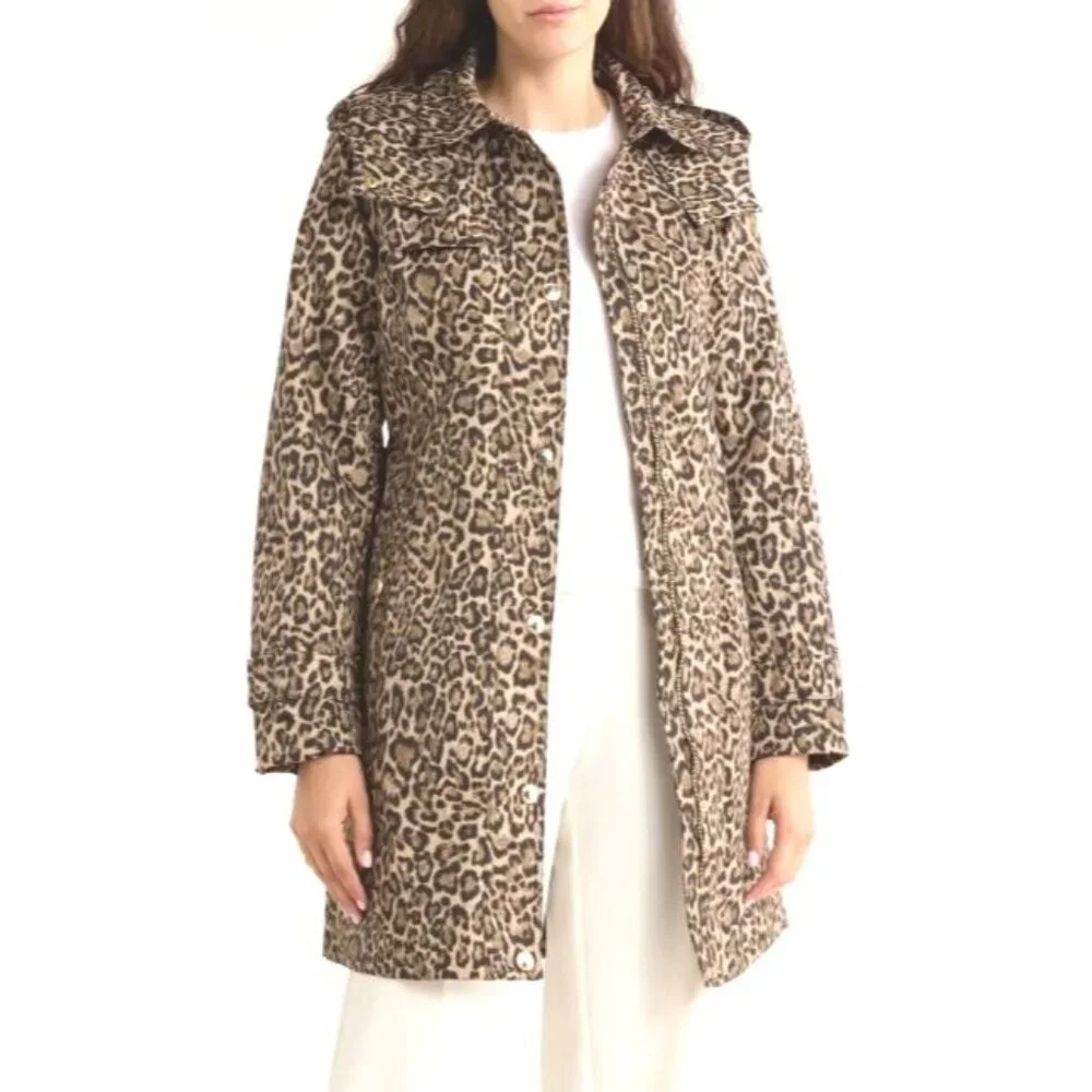 Michael Kors Womens Brown Leopard Zip Water Resistant Mid Trench Coat Sz L New